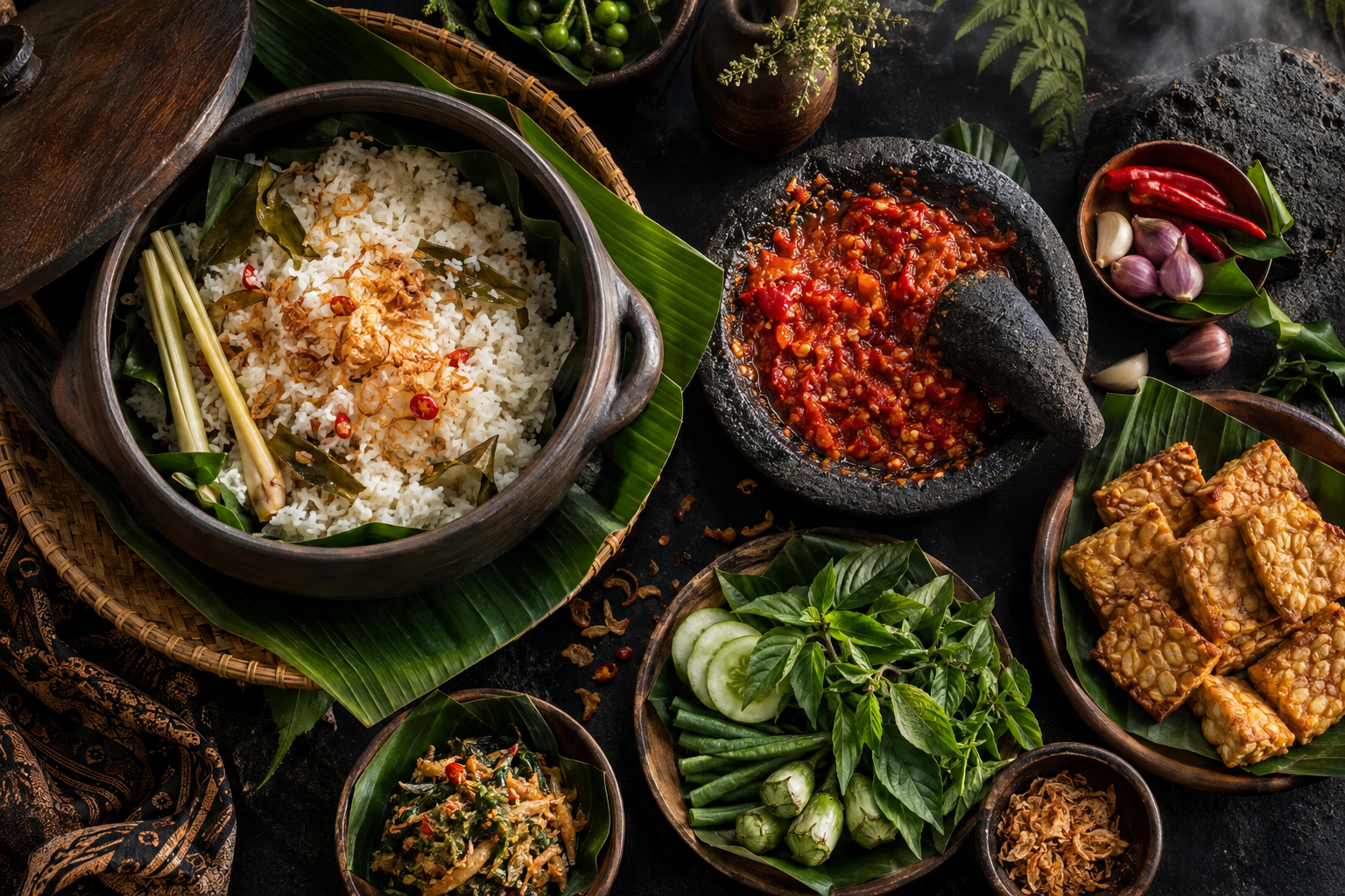 Javanese food, sambal, tempe and herbs arranged on a dark table